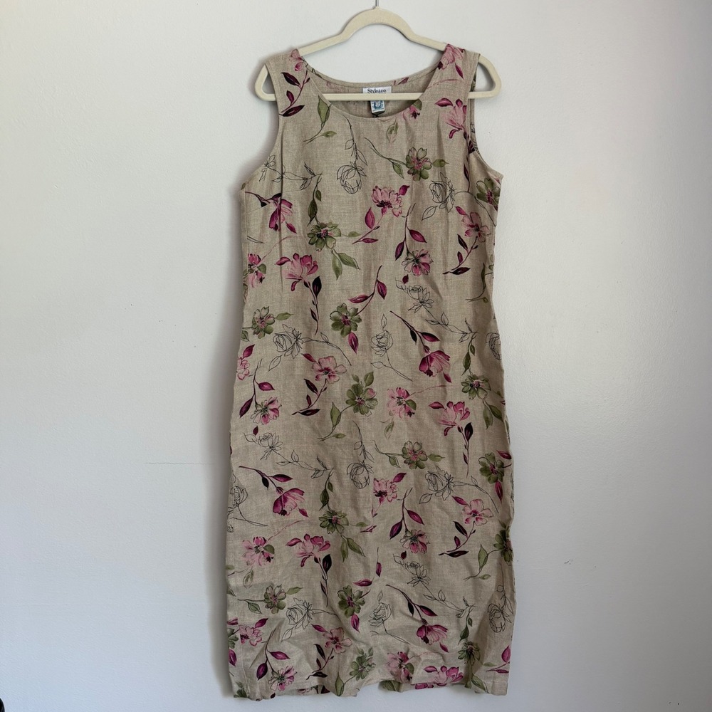 Vintage Petite 14P Linen Floral Sleeveless Midi Dress Pop Over Shift Dress